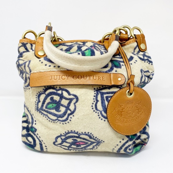 Juicy Couture Handbags - Juicy Couture Cream Patterned Terry Cloth Y2K Hobo Bag Purse with Leather Trim